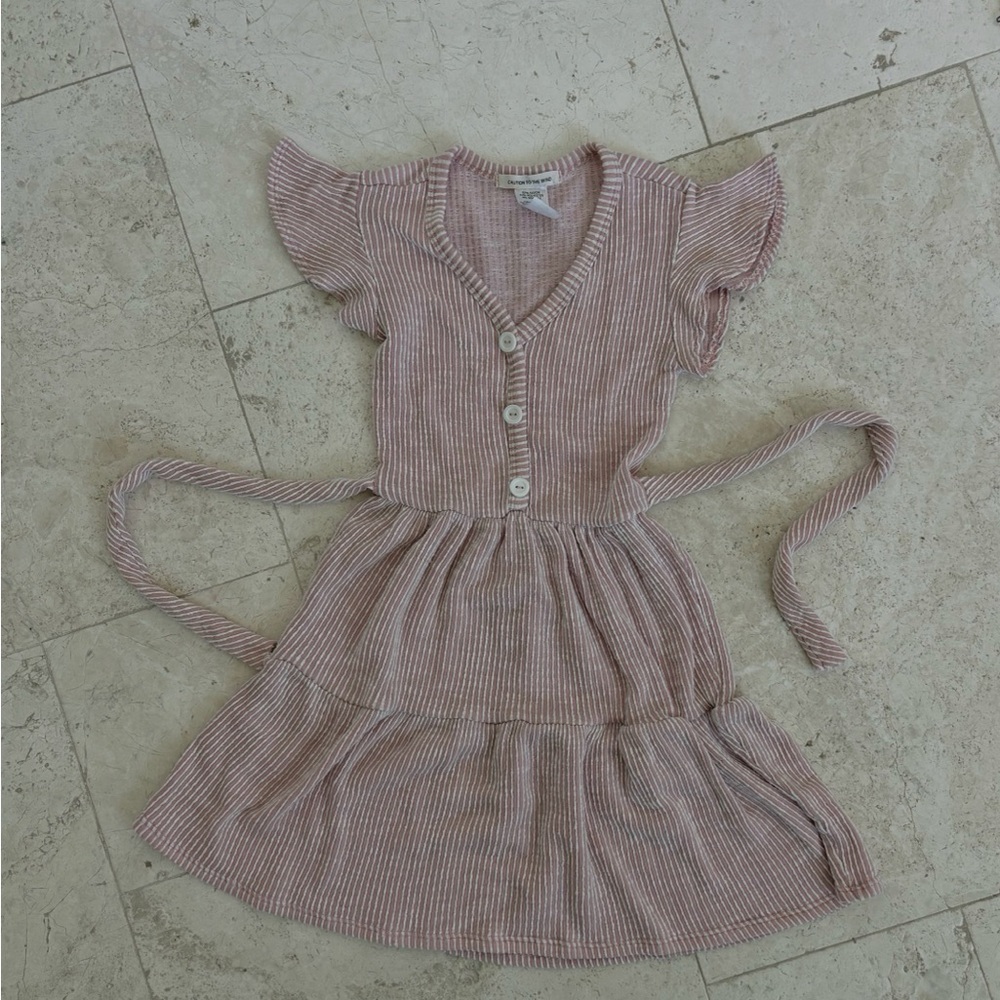Girls Pink Striped Flutter Sleeve Dress